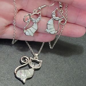 Silver tone glittery enamel cat jewelry set